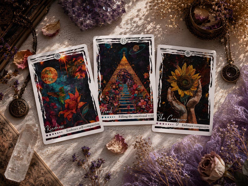 Puede incluir: Tres cartas de or&aacute;culo rectangulares con bordes blancos que presentan ilustraciones art&iacute;sticas. La carta de la izquierda muestra un colibr&iacute; y una luna con el texto Kindness y Embrace self-compassion. La carta central representa una pir&aacute;mide con el texto Needs y Filling the emotional void. La carta de la derecha muestra manos sosteniendo un girasol con el texto The Caregiver y Embrace compassion.