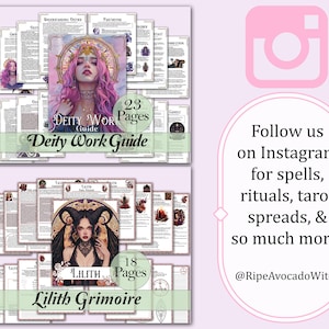 May include: Two digital printable guides for deity work and Lilith grimoire. The deity work guide features a pink and gold illustration of a woman with a crown. The Lilith grimoire features a black and red illustration of a woman with horns. Both guides have a green banner with the number of pages and the title.