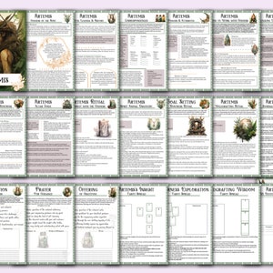 May include: A printable guide to working with the Greek goddess Artemis, featuring a green and gold design with illustrations of a deer, a crescent moon, and a candle. The guide includes sections on invocations, prayers, offerings, and rituals.