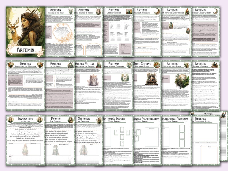 May include: A printable guide to working with the Greek goddess Artemis, featuring a green and gold design with illustrations of a deer, a crescent moon, and a candle. The guide includes sections on invocations, prayers, offerings, and rituals.