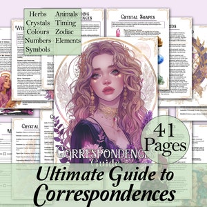 May include: A 41-page guide to correspondences with a purple and gold floral design. The guide includes information on herbs, animals, crystals, timing, colors, zodiac, numbers, elements, and symbols. The cover features a beautiful illustration of a woman with blonde hair and golden eyes.