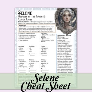 Peut inclure: Une fiche d'information détaillée intitulée "Selene Cheat Sheet" avec des informations sur la déesse grecque de la lune. L'image comprend un portrait de Séléné, des attributs, des offrandes et l'importance dans la mythologie grecque. Le texte est en noir et blanc.