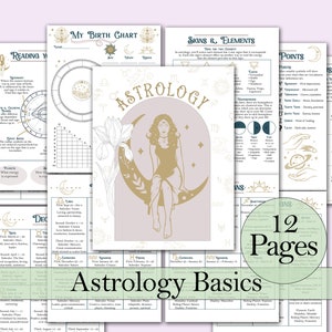 Paquete de conceptos básicos de astrología: signos del zodíaco, planetas, decanatos, casas, lectura de la carta natal y más - Páginas imprimibles