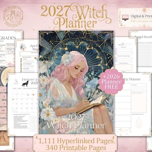 May include: A 2027 Witch Planner digital and printable set featuring 1,111 hyperlinked pages and 340 printable pages. The cover displays an illustration of a person with pink hair writing in a book against a dark blue celestial background.