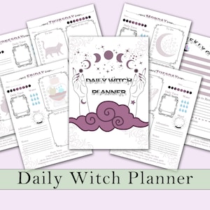 May include: A collection of printable daily planner pages with a witchy theme. The pages feature illustrations of moons, stars, and hands, with sections for daily tarot, water intake, mood, and affirmations. The title "Daily Witch Planner" is displayed.
