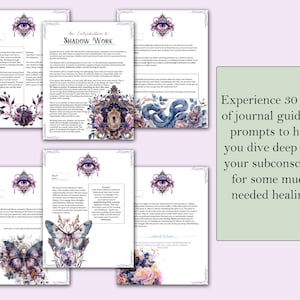May include: A printable journal guide with an illustrated cover featuring a purple eye with a snake and flowers. The text on the cover reads "An Introduction to Shadow Work". The text on the page below the cover reads "Experience 30 days of journal guides & prompts to help you dive deep into your subconscious for some much needed healing!"