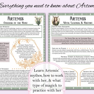 May include: A green and gold illustrated guide to the Greek goddess Artemis, the goddess of the hunt. The guide includes information about her mythology, legends, history, and how to work with her in modern witchcraft.