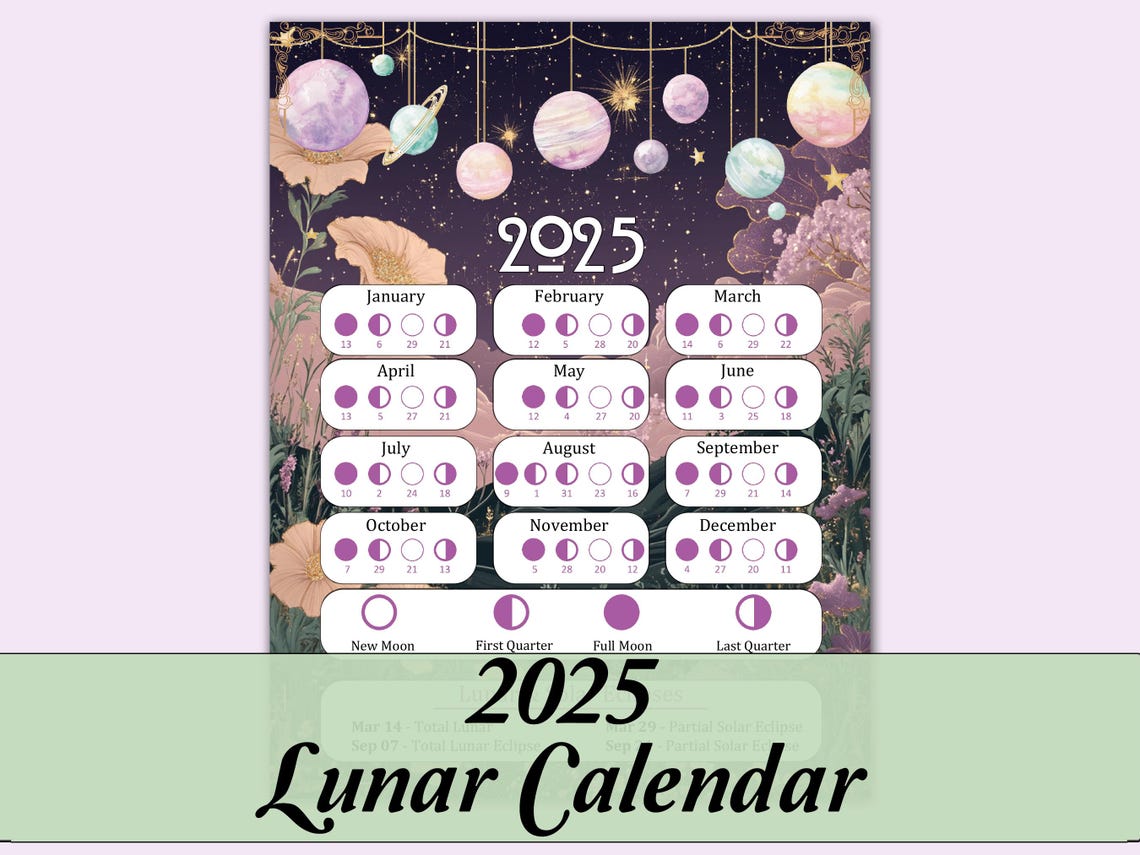 2025 Lunar Calendar | Printable Moon Phase Calendar | PDF Instant ...