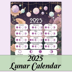 Calendario lunar 2025 / Calendario de fases lunares imprimible / Descarga instantánea en formato PDF