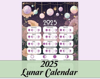 May include: A 2025 lunar calendar with a purple and white colour scheme. The calendar features a celestial theme with planets and stars. Each month is represented by a circle with the moon phases for each day.