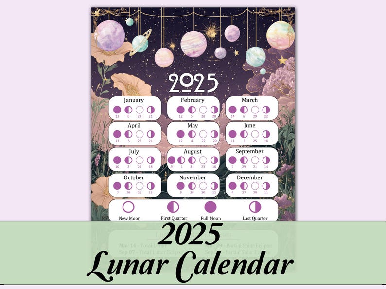 2025 Lunar Calendar | Printable Moon Phase Calendar | PDF Instant ...
