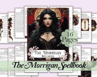 May include: A collection of 16-page spellbooks titled "The Morrigan Spellbook." The cover features a dark-haired woman with ravens, set against a red background. The title is in a decorative font with floral accents.
