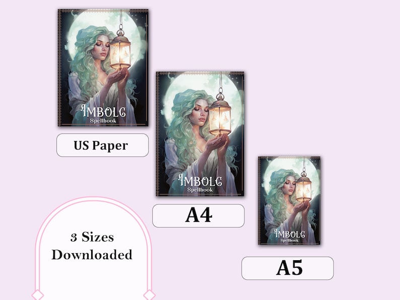Puede incluir: Tres tama&ntilde;os diferentes de una descarga digital imprimible para un libro de hechizos con una luna y una mujer sosteniendo una linterna. Los tama&ntilde;os son US Paper, A4 y A5.