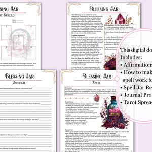 May include: A digital download featuring pages titled "Blessing Jar" with text and illustrations. Includes a tarot spread, journal prompts, spell jar recipe, and affirmations. The image has a soft, feminine aesthetic with floral accents.