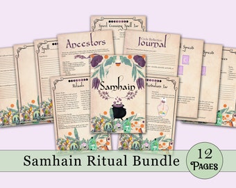 May include: A printable Samhain ritual bundle with 12 pages featuring a cauldron, a pendulum jar, a spell jar, and other ritualistic elements. The pages are decorated with a vintage aesthetic and feature illustrations of skulls, candles, and flowers.