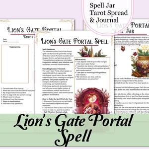 May include: A printable worksheet for a Lion's Gate Portal spell with a tarot spread and journal prompts. The worksheet features a colourful illustration of a lion with a crown and a red moon. The text includes affirmations, instructions for making a spell jar, and guidance on how to make the spell work.