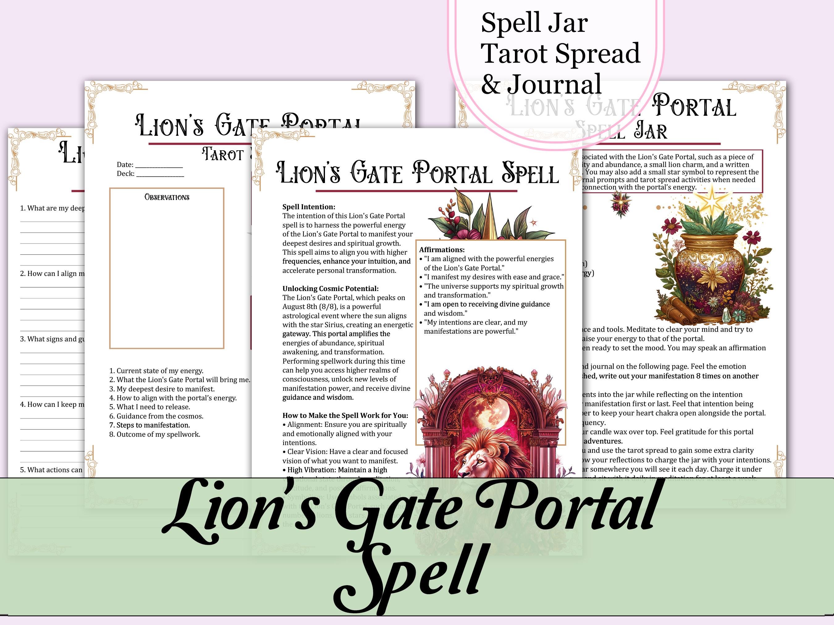 Lion's Gate Portal Zauberspruch | Zauberglas-Rezept, Anleitung, Affirmationen, Journal-Eingaben, Tarot-Auflagen - Printable Seiten zum Ausdrucken