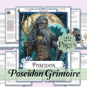 Può includere: Un set di 22 pagine con un'illustrazione di Poseidone che tiene un tridente. Il testo "Poseidon Grimoire" è presente. Le pagine hanno un bordo blu con disegni floreali e contengono testo e illustrazioni.