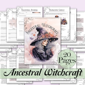 May include: A printable guide to ancestral witchcraft with 20 pages of information and exercises. The cover features a watercolor illustration of a witch with a black hat and flowing hair, surrounded by flowers and rain.