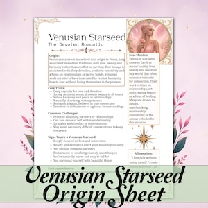 May include: A white informational sheet titled Venusian Starseed The Devoted Romantic, featuring text about origin, core traits, common challenges, and soul mission. It includes a circular illustration of a figure and a star icon in a pink palette.