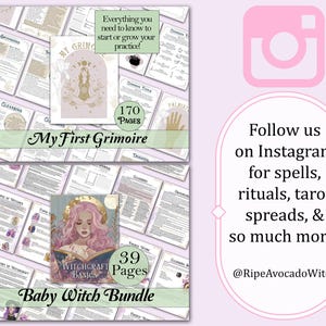 May include: A digital product bundle for beginner witches, featuring a 170-page "My First Grimoire" and a 39-page "Witchcraft Basics" guide. The image shows a collage of pages from the guides, with illustrations of a witch and a hand.