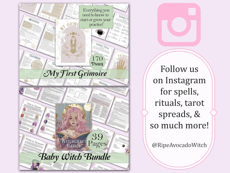 May include: A digital product bundle for beginner witches, featuring a 170-page "My First Grimoire" and a 39-page "Witchcraft Basics" guide. The image shows a collage of pages from the guides, with illustrations of a witch and a hand.