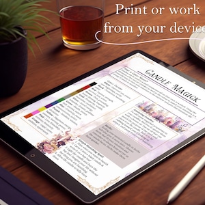 May include: A digital tablet displaying a guide to candle magic, with a purple background and a floral design. The guide includes information on candle colors, their associated properties, and simple spell instructions. The text includes the title "Candle Magick" and the phrase "Simple Banishing Spell".