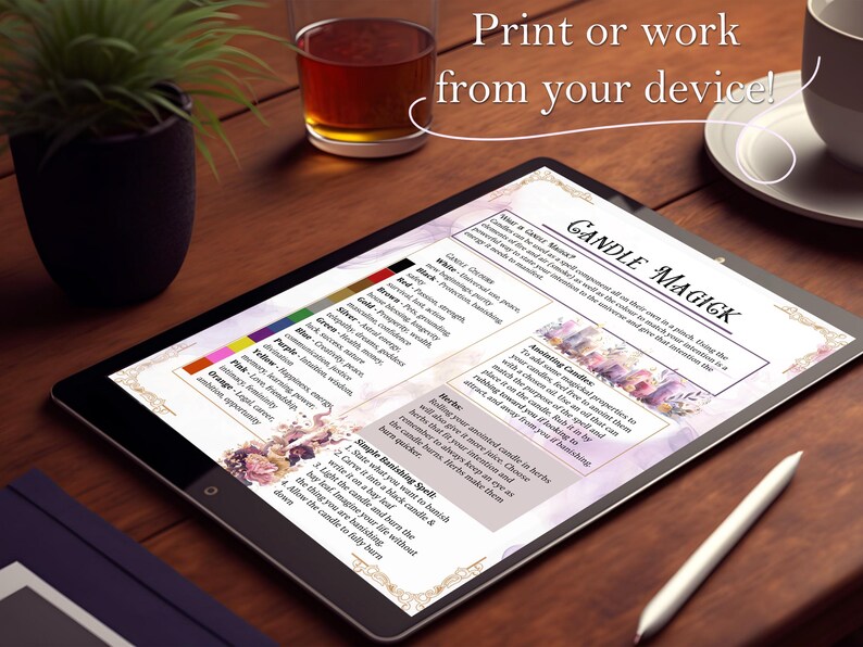 May include: A digital tablet displaying a guide to candle magic, with a purple background and a floral design. The guide includes information on candle colors, their associated properties, and simple spell instructions. The text includes the title "Candle Magick" and the phrase "Simple Banishing Spell".