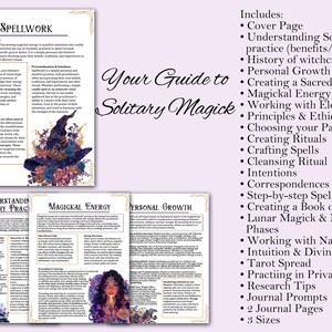 May include: A guide to solitary magick with a purple and black illustration of a witch wearing a hat. The guide includes information on creating a sacred space, working with elements, crafting spells, and more.