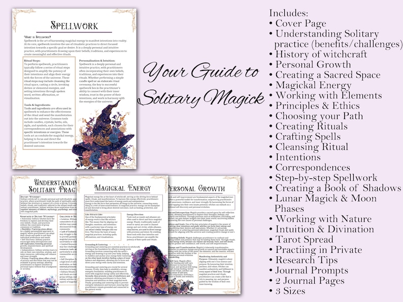 May include: A guide to solitary magick with a purple and black illustration of a witch wearing a hat. The guide includes information on creating a sacred space, working with elements, crafting spells, and more.