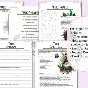 May include: A digital download for a Yule spell jar kit. The kit includes affirmations, instructions on how to make the spell work, a spell jar recipe, journal prompts, a tarot spread, and a prayer. The image features a green and gold background with a vintage-style illustration of a bottle with a green liquid inside.