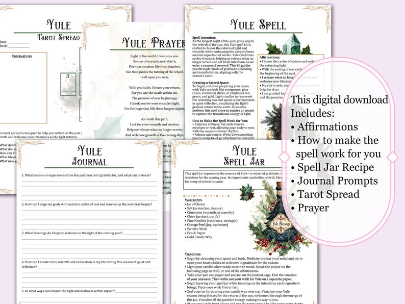 May include: A digital download for a Yule spell jar kit. The kit includes affirmations, instructions on how to make the spell work, a spell jar recipe, journal prompts, a tarot spread, and a prayer. The image features a green and gold background with a vintage-style illustration of a bottle with a green liquid inside.