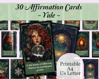 May include: A set of 30 printable affirmation cards with a Yule theme. The cards feature a variety of images, including a woman with red hair holding a crystal ball, a candle in a wreath, and a forest scene with a star in the sky. The text on the cards includes affirmations such as "In the season of reflection, I honor my journey and growth." and "My spirit is brightened by the warmth and love around me."