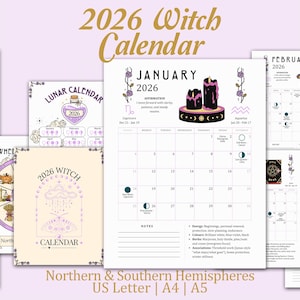 May include: A 2026 Witch Calendar, showing several pages. The January page has black candles and astrological symbols. Other pages include a lunar calendar, a wheel of the year, and monthly calendars. The text "2026 Witch Calendar" is at the top in gold lettering.