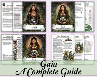 May include: A complete guide titled "Gaia" with illustrations of a woman holding a globe. The guide includes a spellbook, devotional journal, and invocation pages. The artwork features floral and celestial elements.