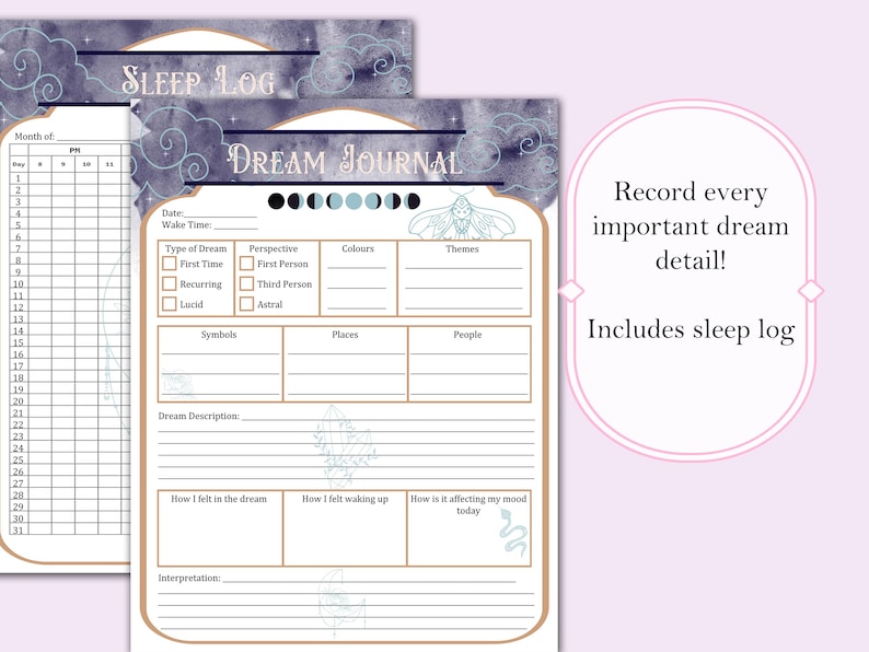 May include: A printable dream journal with a watercolor background of clouds and stars. The journal includes a sleep log, sections for recording dreams, and space for interpretation. The text "SLEEP LOG" and "DREAM JOURNAL" is in a gold font.