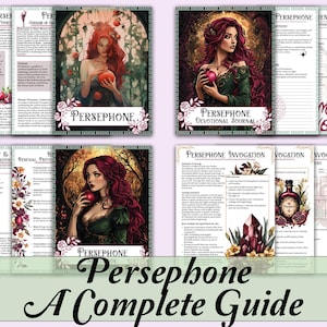May include: A complete guide featuring the name "Persephone" with illustrations of a woman with red hair holding an apple. The guide includes text and images, with the title "Persephone Devotional Journal".