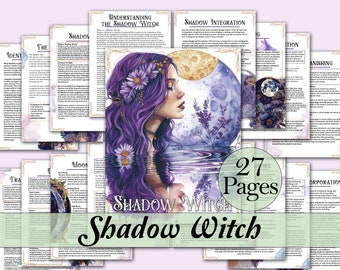 May include: A digital guide to shadow work and witchcraft with 27 pages of information. The cover features a watercolor illustration of a woman with purple hair and a moon reflecting in the water.