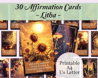 May include: A set of 30 affirmation cards titled "Litha", featuring illustrations of sunflowers, mushrooms, and other nature scenes. The cards display the text "With every sunflower turned skyward, I remember how to bloom boldly". Available in A4 and US Letter sizes.