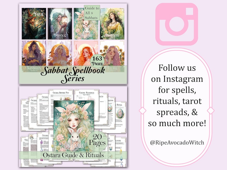 Puede incluir: Una descarga digital de una serie de grimorios con 163 p&aacute;ginas, que incluye una gu&iacute;a para los 8 Sabbats. La imagen de la portada muestra a una mujer con el pelo largo y suelto y una corona de flores. El libro tambi&eacute;n incluye una gu&iacute;a de Ostara de 20 p&aacute;ginas, con rituales e informaci&oacute;n sobre el equinoccio de primavera.