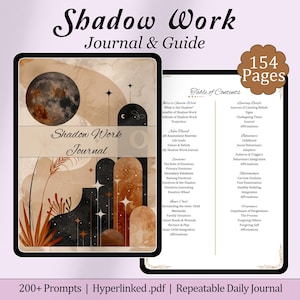 May include: A digital journal cover with an abstract design featuring a moon, stars, and geometric shapes in shades of brown, black, and white. The text "Shadow Work Journal" is displayed on the cover. The journal contains 154 pages and includes 200+ prompts.