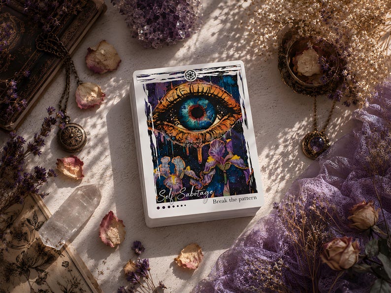 Puede incluir: Una carta de tarot rectangular que presenta un ojo humano grande y detallado con iris azul y piel en tonos naranja, situado sobre flores de iris moradas y amarillas. El texto Self Sabotage y Break the pattern aparece en el borde blanco.