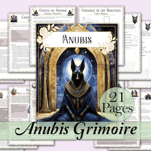 Pode incluir: Grimoire de Anubis, um guia de 21 páginas sobre Anubis, o deus egípcio da morte, com uma ilustração em preto e azul de Anubis sobre um fundo dourado. O guia inclui informações sobre rituais, feitiços e espalhamentos de tarô.