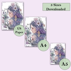 May include: A digital download of three printable art prints featuring a woman with purple hair and flowers in her hair. The text "Into the Shadows" is visible on the prints. The prints are available in US paper, A4, and A5 sizes.