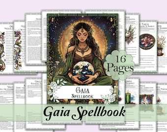 May include: A 16-page Gaia Spellbook with a central image of a woman holding the Earth, surrounded by pages with text and illustrations. The cover and pages have a green and gold colour scheme.
