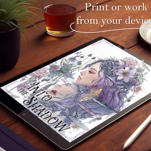 May include: A digital illustration of a woman with purple hair and a floral crown. The illustration is in shades of purple, blue, and green. The text "Into the Shadow" is written in a decorative font.