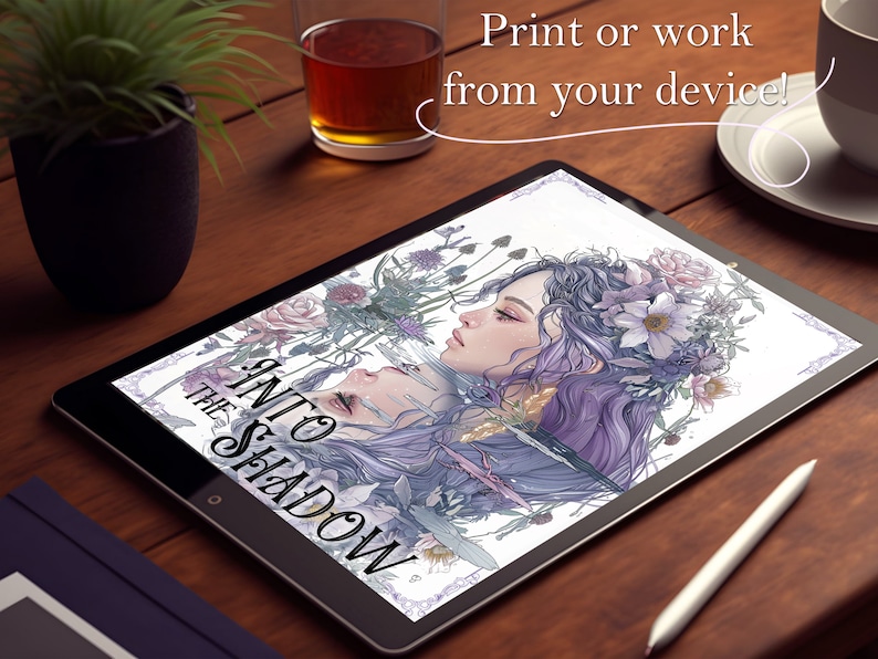 May include: A digital illustration of a woman with purple hair and a floral crown. The illustration is in shades of purple, blue, and green. The text "Into the Shadow" is written in a decorative font.