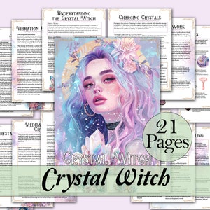 Puede incluir: Una guía digital imprimible para brujas de cristales con 21 páginas de información sobre la comprensión de los cristales, la carga de los cristales, la meditación y mucho más. La guía presenta una ilustración caprichosa de una joven con cabello morado y un cristal en la mano.