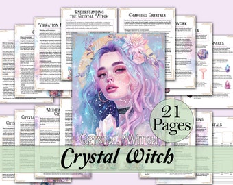 May include: A digital printable guide for crystal witches with 21 pages of information on understanding crystals, charging crystals, meditation, and more. The guide features a whimsical illustration of a young woman with purple hair and a crystal in her hand.