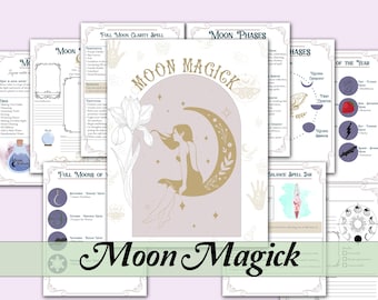 May include: A printable Moon Magick journal with pages for tracking moon phases, full moons of the year, spells, and journaling. The cover features a crescent moon with a woman sitting on it, surrounded by flowers and stars.